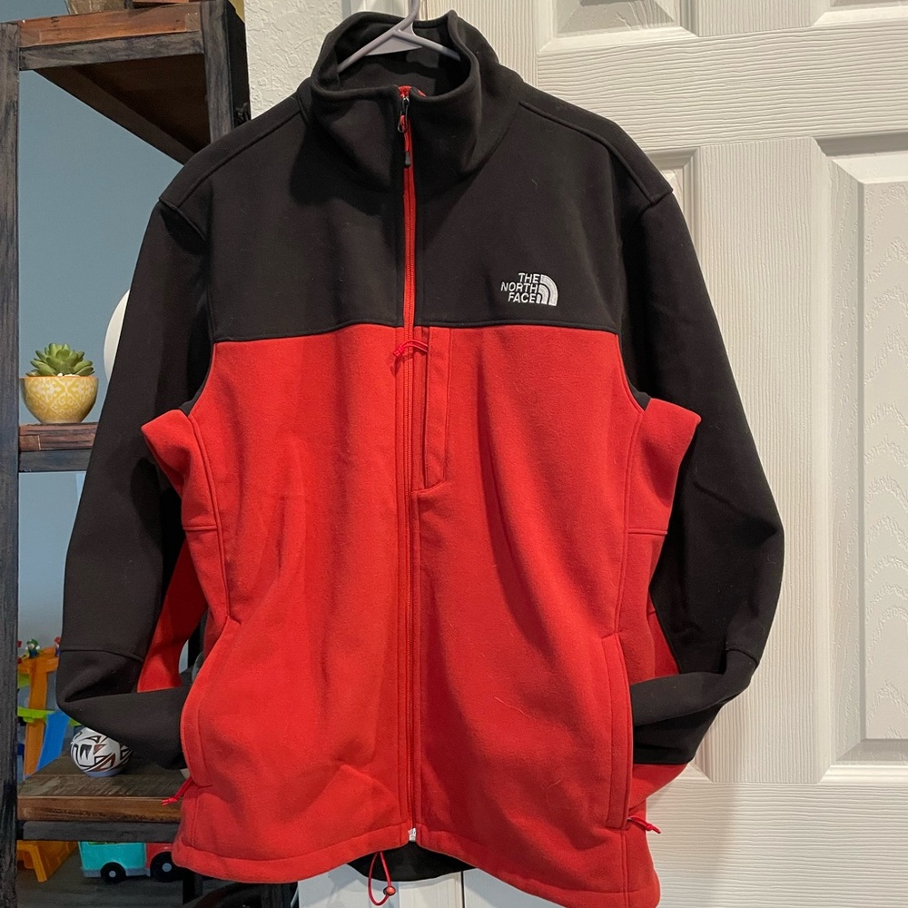 The North Face Men’s Lg full zip fleece Red Black emb. logo adj waist jacket
